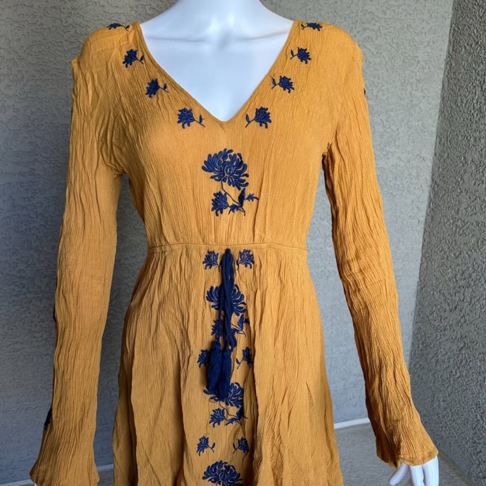 Forever 21 Mustard Dress with Navy Embroidery